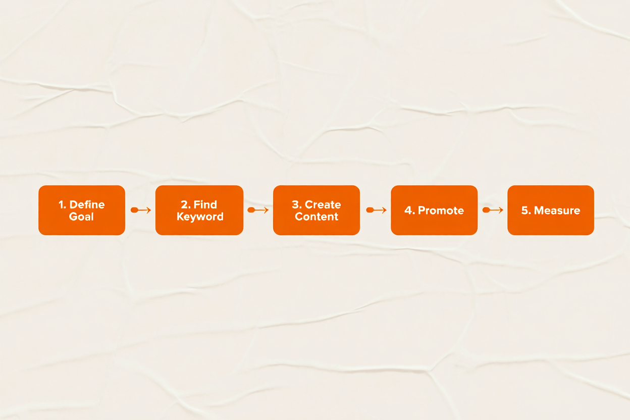 A horizontal flowchart with five steps: 1. Define Goal, 2. Find Keyword, 3. Create Content, 4. Promote, 5. Measure.